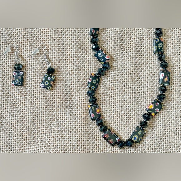 Corning Jewelry - Black Glass Bead Floral Necklace Earrings Set Millefiori Whimsigoth Dark Romance